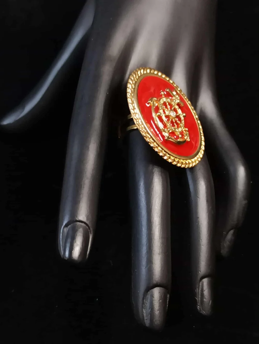 Vintage 80’s Nautical Ship Wheel Red Enamel Gold Tone Statement Ring Adjustable